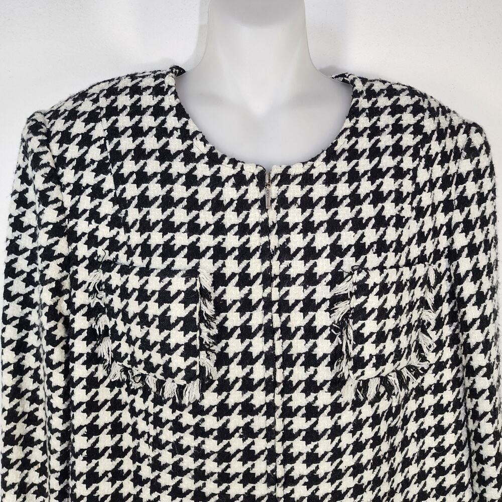 Andrea Viccaro Jacket Womens Size 14 Houndstooth Moto Zip Black White Fringe - Picture 3 of 11